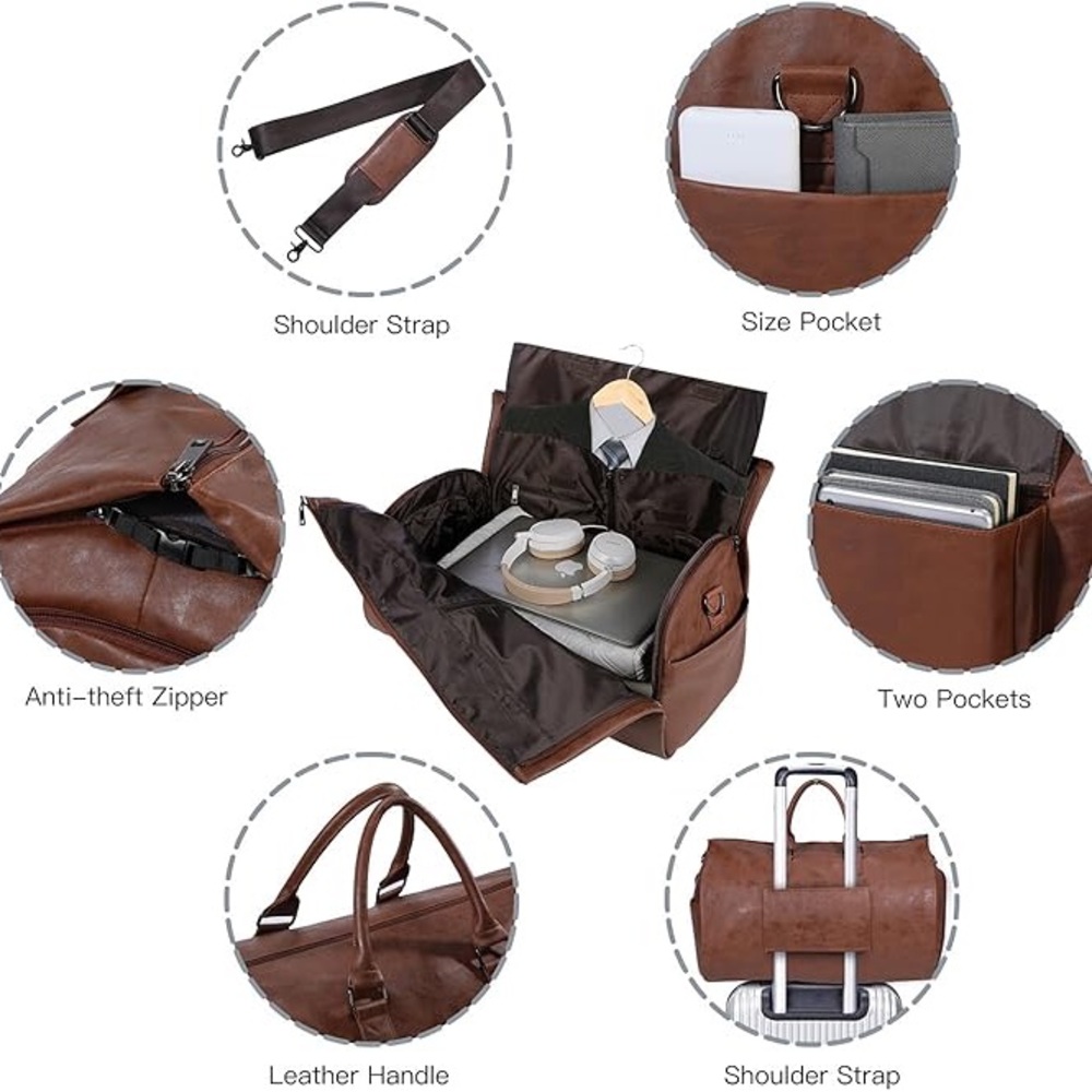 Elegant Brown Leather Garment Duffel Bag for Men - Picture 4 of 5